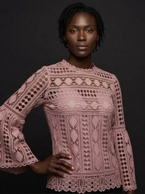 ALLISON Dusty Rose Geometric Crochet Lace Bell-Sleeve Blouse Top